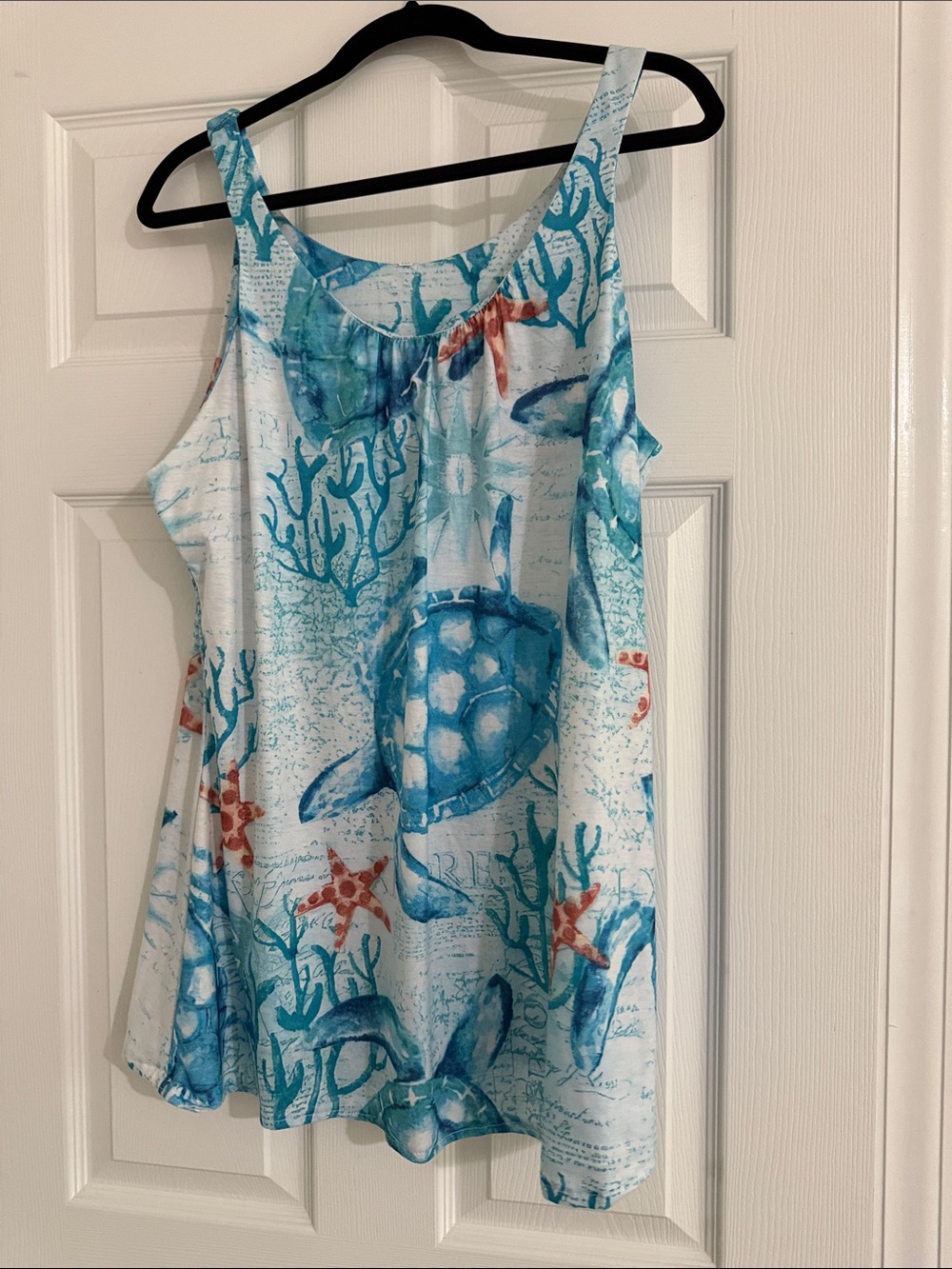 Women’s Sea Turtle Print Tank Tunic Top - Blue/White 1XL